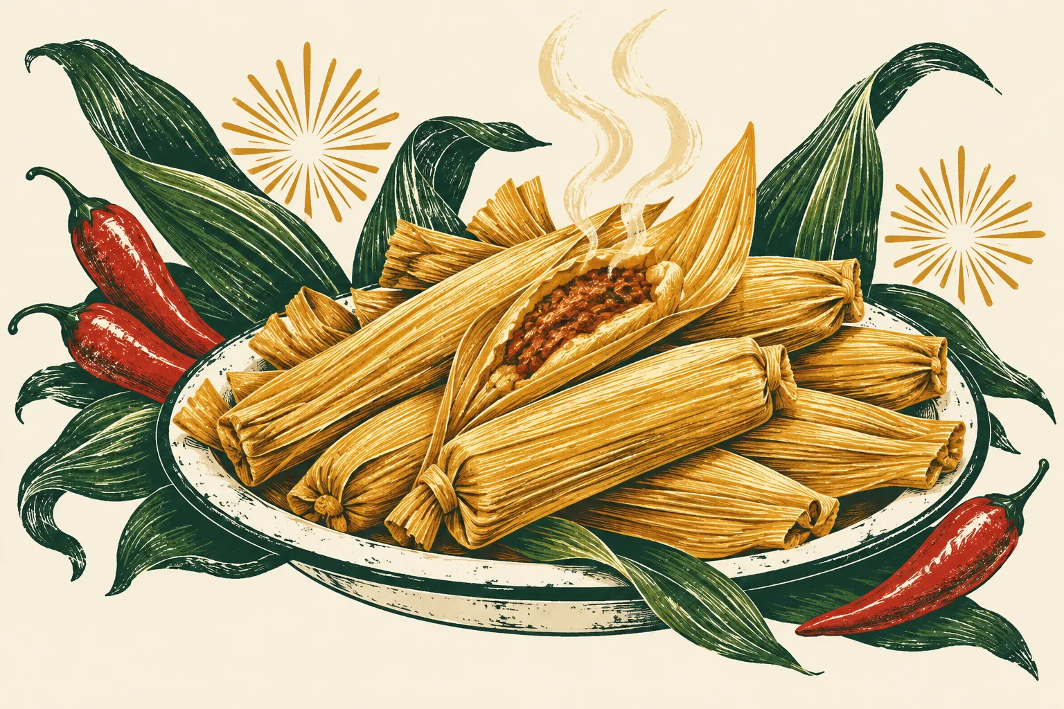 Illustrated golden tamales wrapped in corn husks